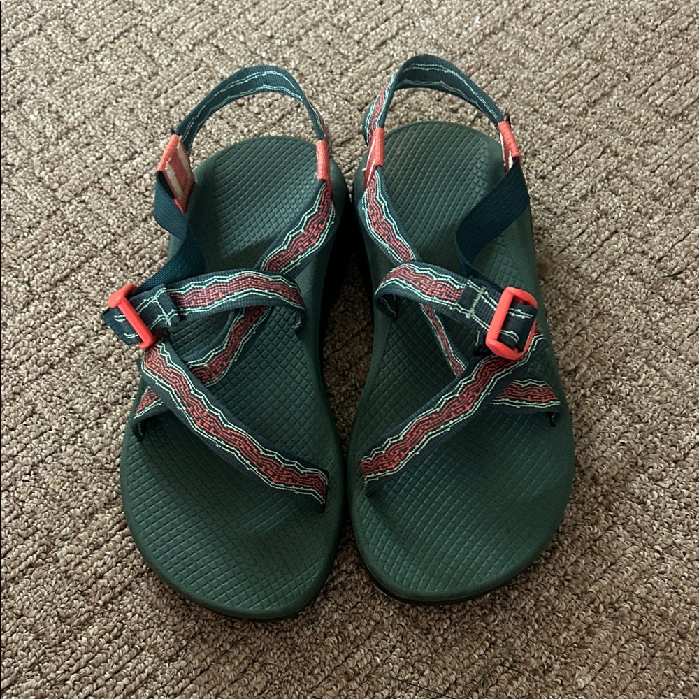 Chaco Teal Green Sandals with Coral Accents